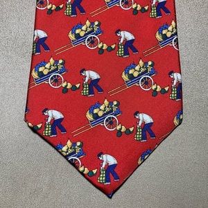 Burberry Vintage Red Tie With Man and Fruit Cart Print 100% Silk Hand Made USA